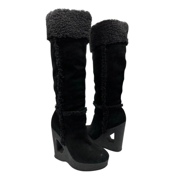 Michael Kors Knee High Suede &‎ Shearling Wedge Cutout Heel Boots - Picture 15 of 15